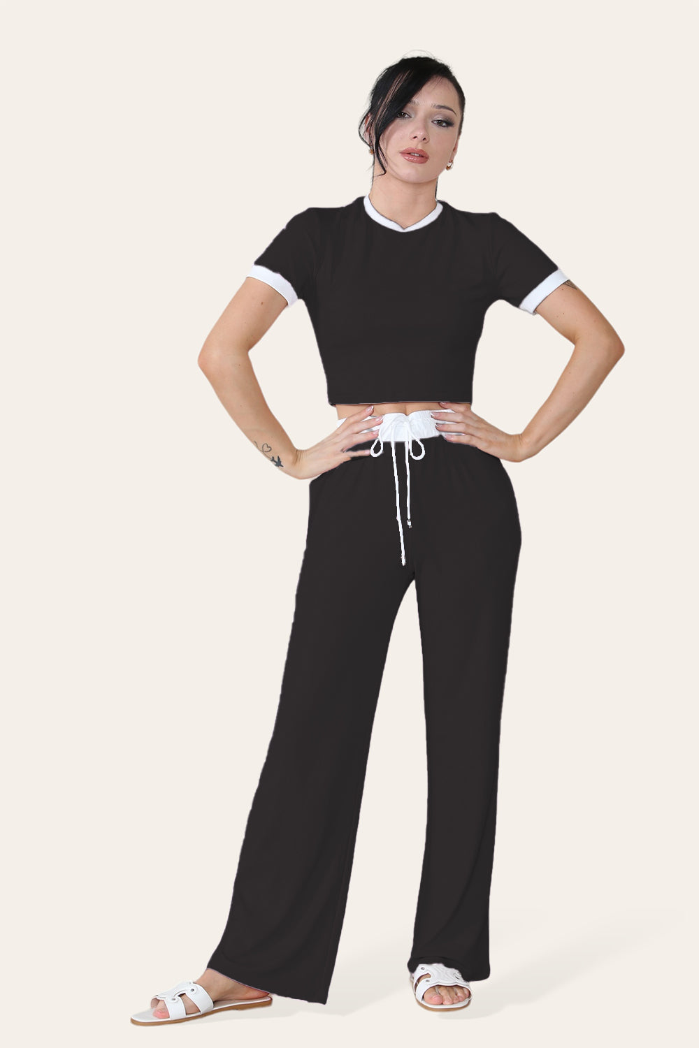 Ribbed Contrast Wide Leg Flared Trousers And Top Loungewear TRS Cropped Set - AX Labels