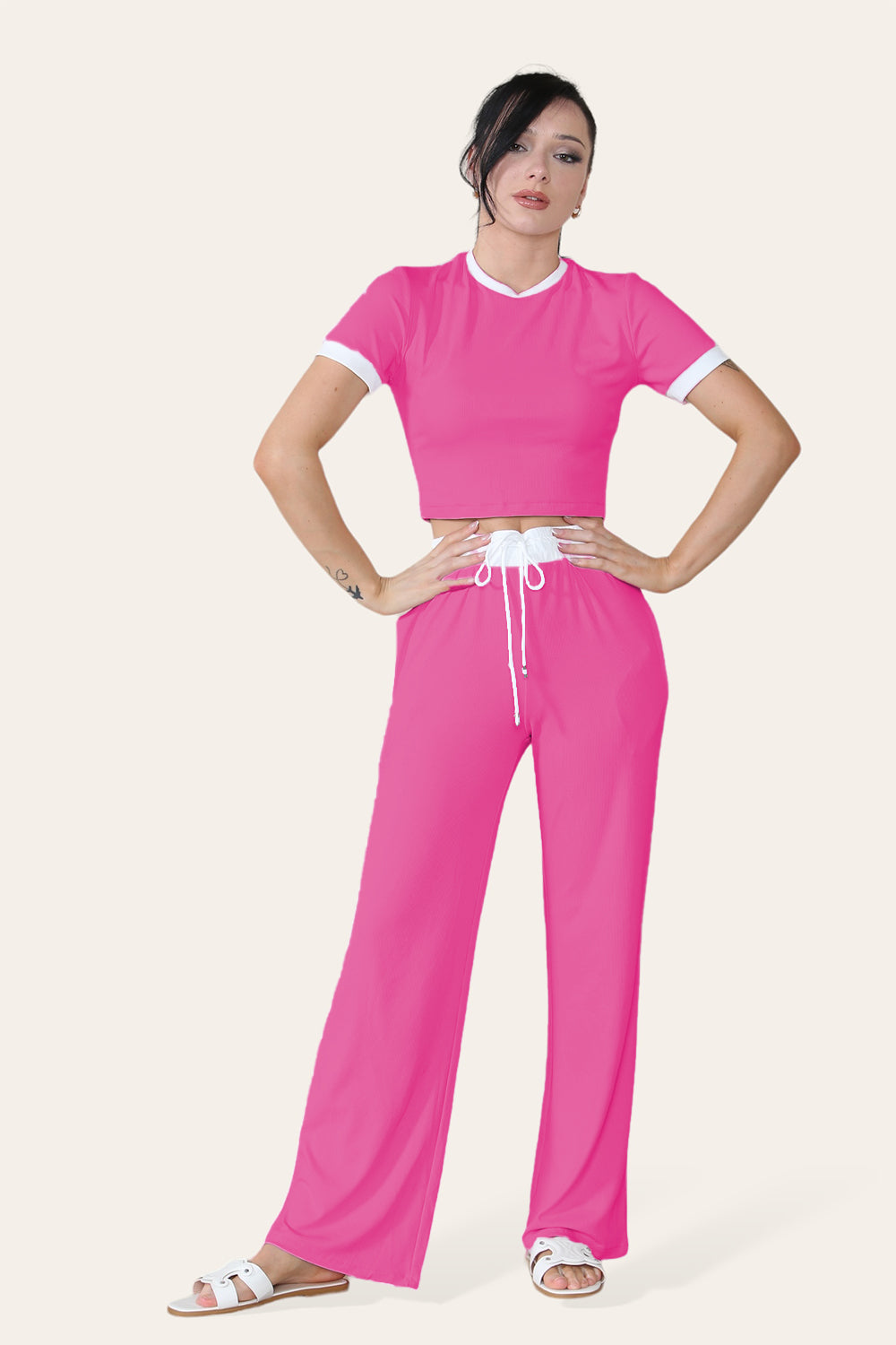 Ribbed Contrast Wide Leg Flared Trousers And Top Loungewear TRS Cropped Set - AX Labels