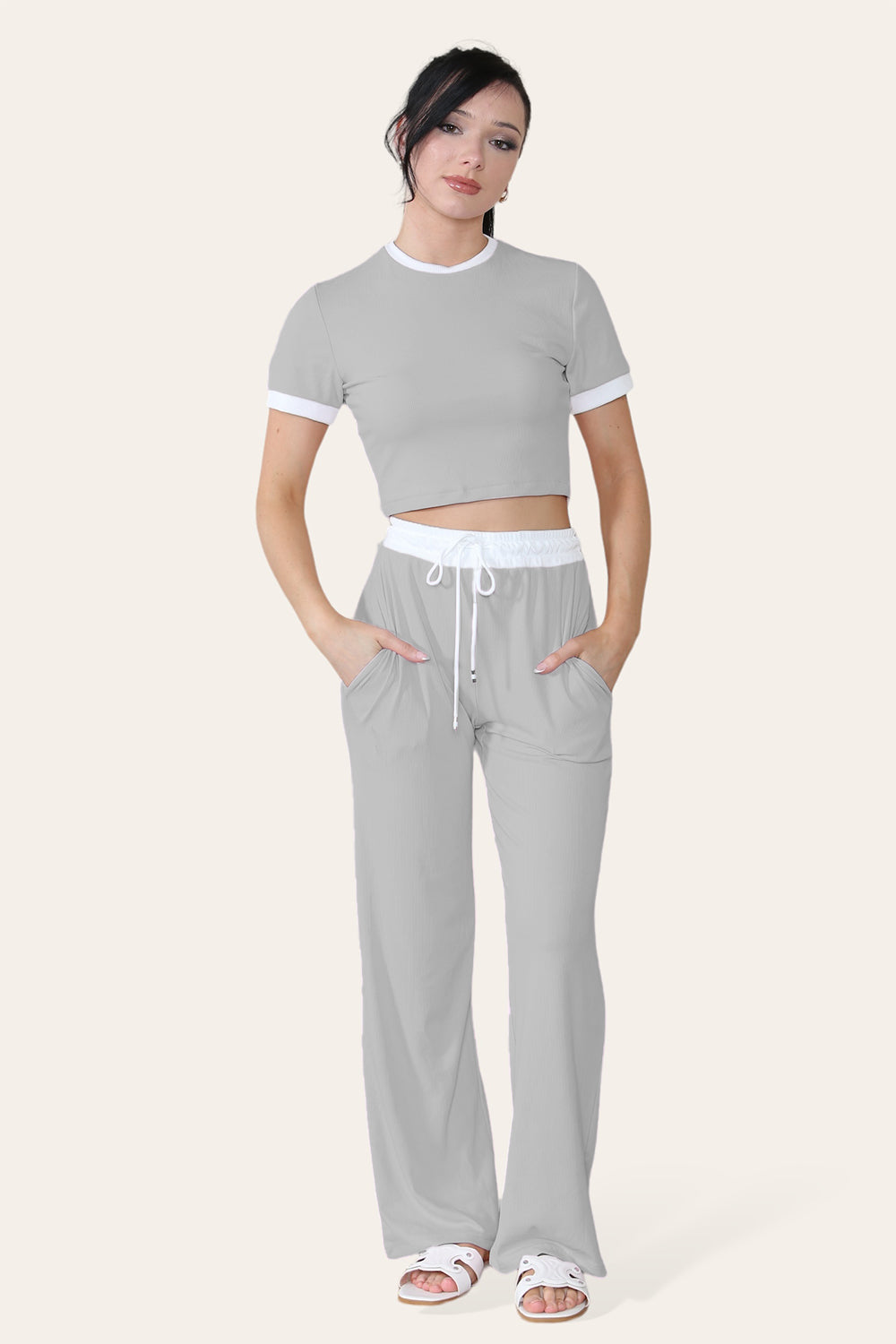 Ribbed Contrast Wide Leg Flared Trousers And Top Loungewear TRS Cropped Set - AX Labels