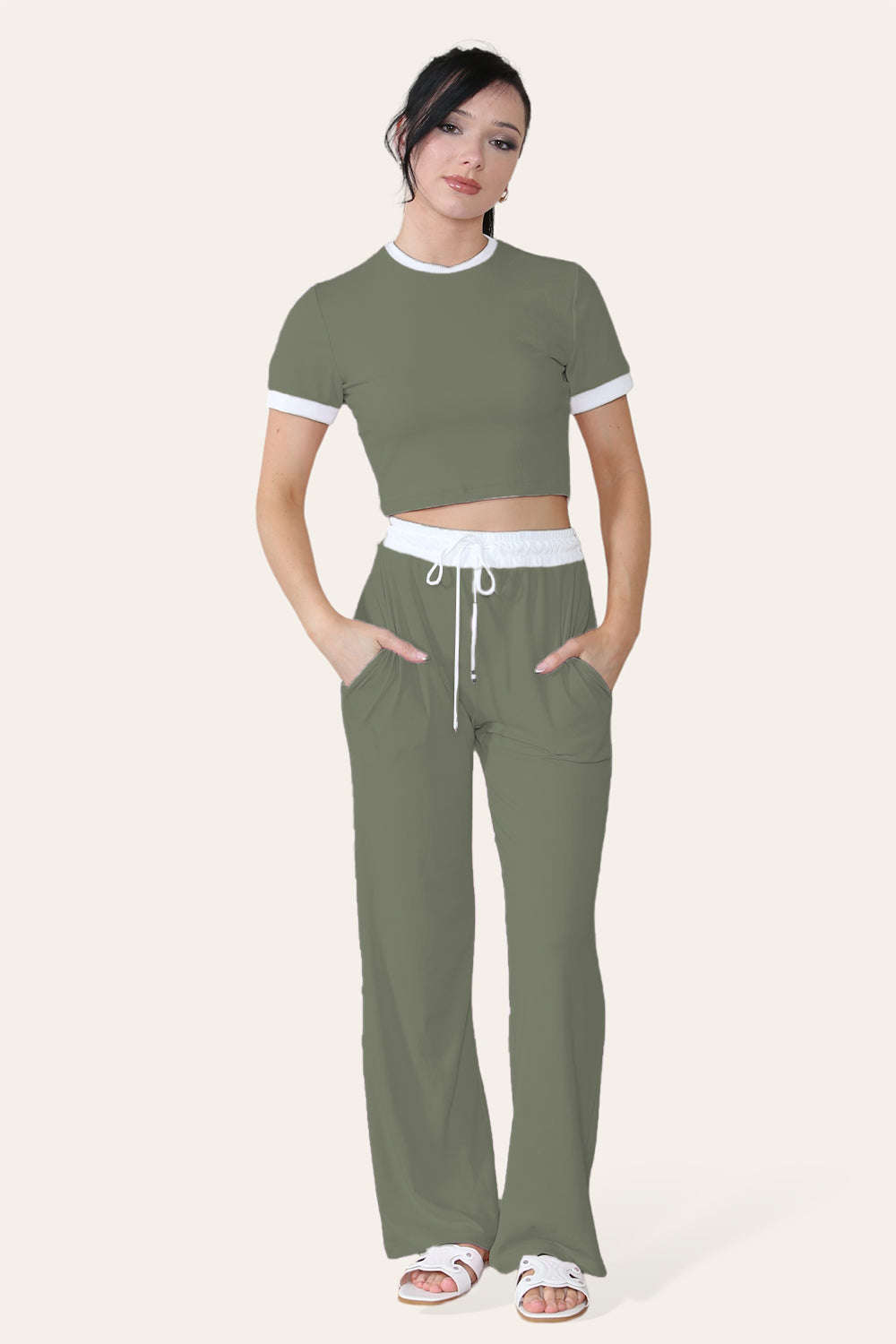 Ribbed Contrast Wide Leg Flared Trousers And Top Loungewear TRS Cropped Set - AX Labels