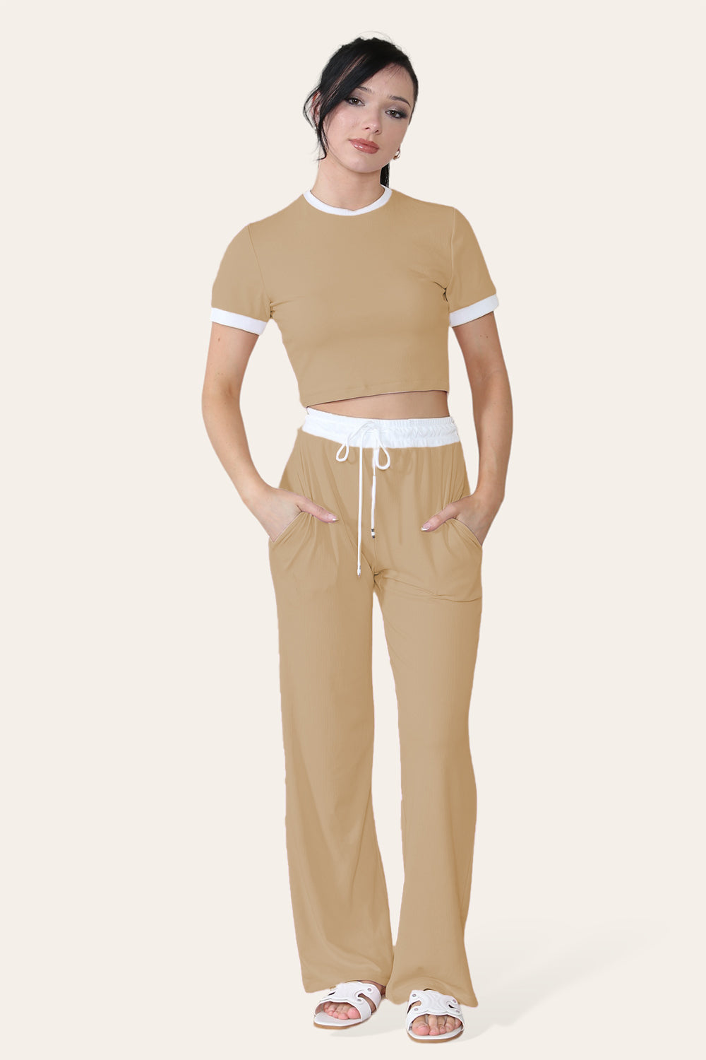 Ribbed Contrast Wide Leg Flared Trousers And Top Loungewear TRS Cropped Set - AX Labels