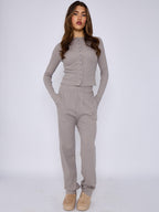 Ribbed Front Button Detail Top & Wide Leg Trouser Co-ord