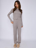 Ribbed Front Button Detail Top & Wide Leg Trouser Co-ord