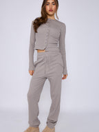 Ribbed Front Button Detail Top & Wide Leg Trouser Co-ord