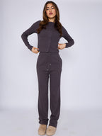 Ribbed Front Button Detail Top & Wide Leg Trouser Co-ord