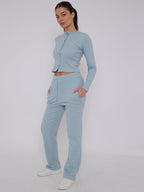 Ribbed Front Button Detail Top & Wide Leg Trouser Co-ord