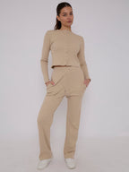 Ribbed Front Button Detail Top & Wide Leg Trouser Co-ord