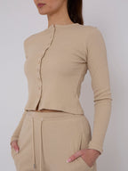 Ribbed Front Button Detail Top & Wide Leg Trouser Co-ord