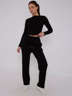 Ribbed Front Button Detail Top & Wide Leg Trouser Co-ord