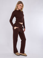 Ribbed Front Button Detail Top & Wide Leg Trouser Co-ord