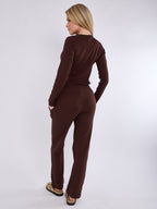 Ribbed Front Button Detail Top & Wide Leg Trouser Co-ord