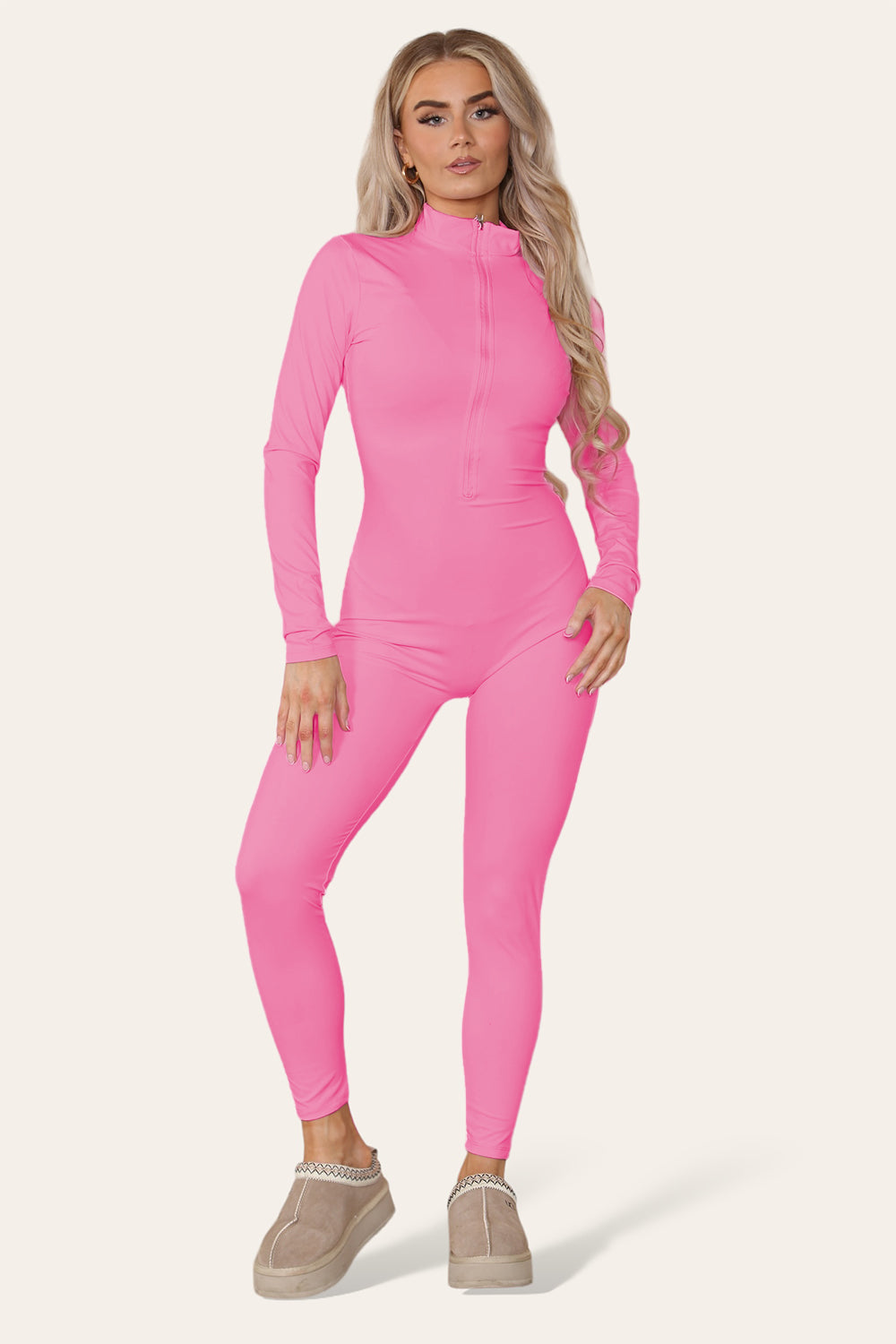 Ribbed High Neck Zipper Collar Jumpsuit Front Unitard Set - AX Labels