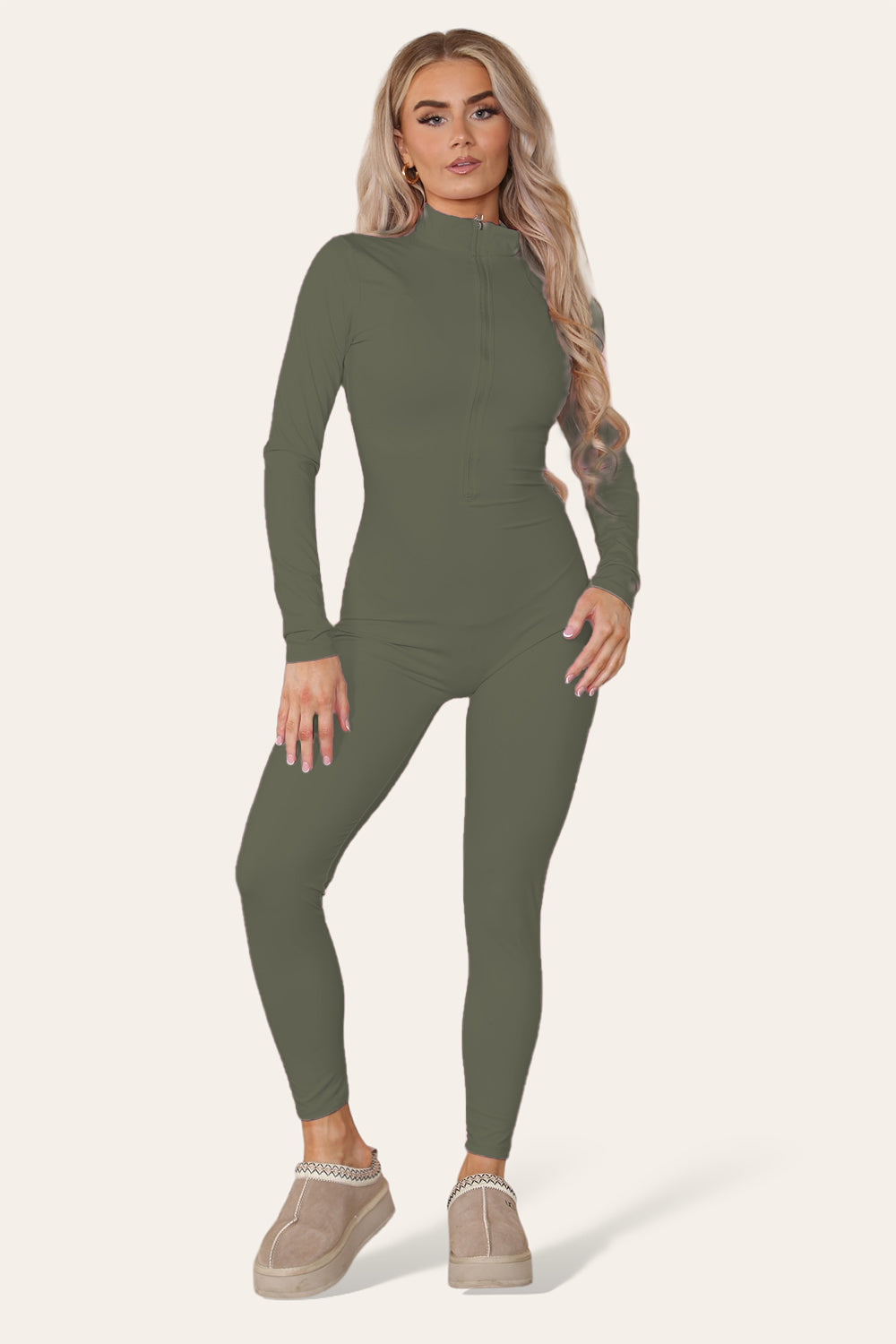 Ribbed High Neck Zipper Collar Jumpsuit Front Unitard Set - AX Labels