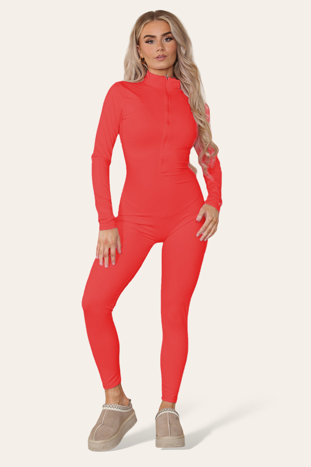 Ribbed High Neck Zipper Collar Jumpsuit Front Unitard Set - AX Labels