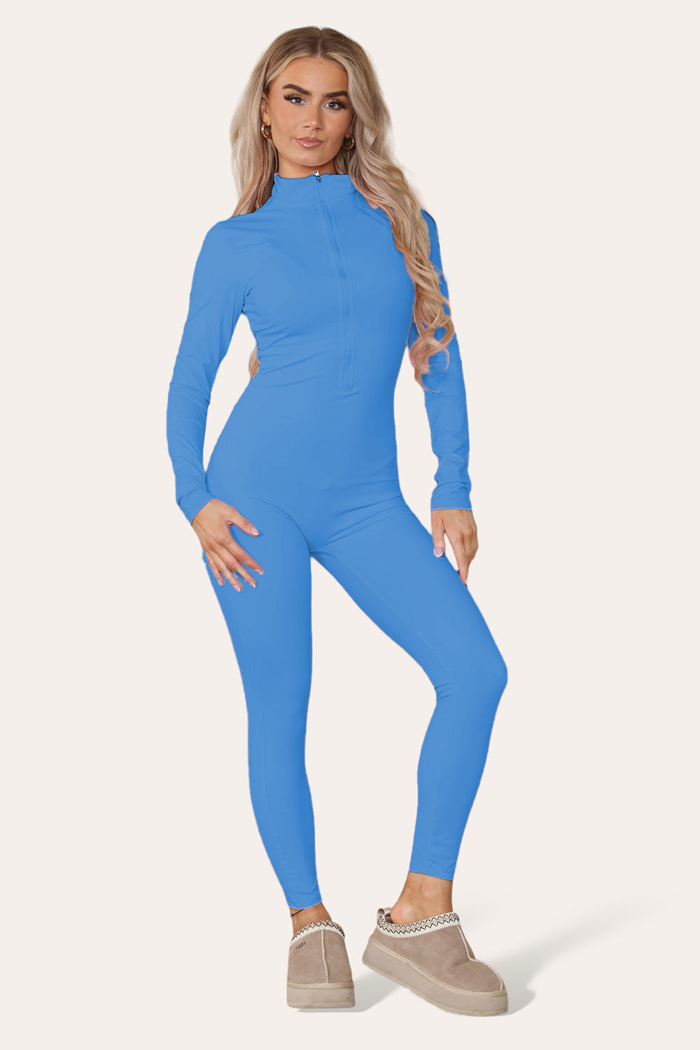 Ribbed High Neck Zipper Collar Jumpsuit Front Unitard Set - AX Labels