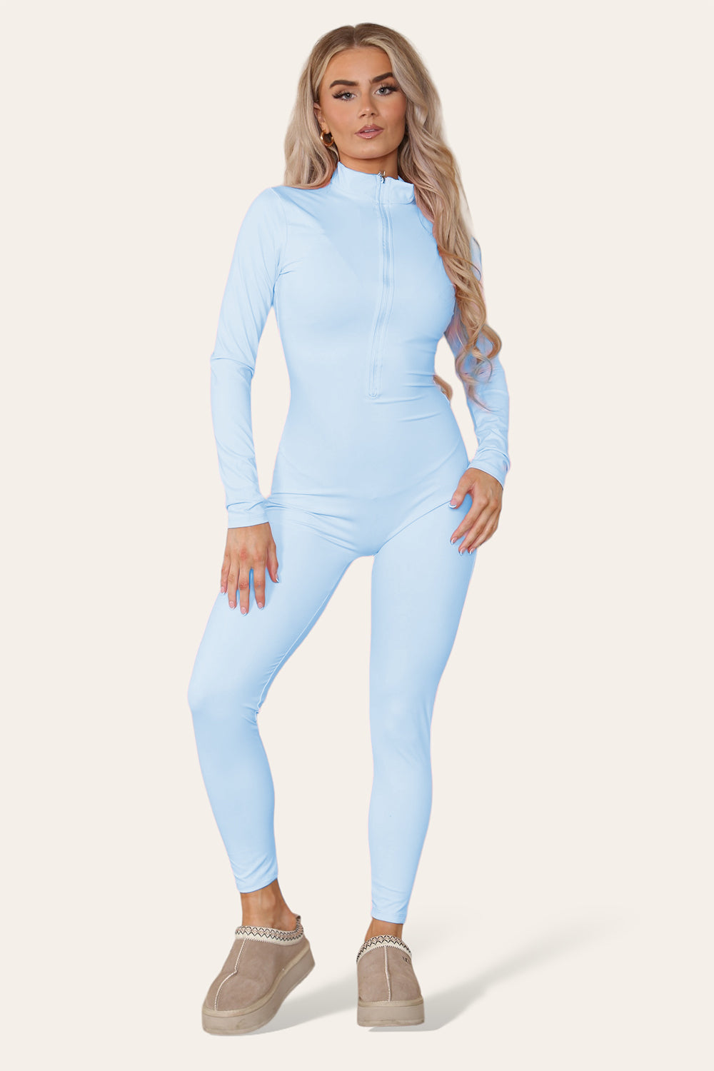 Ribbed High Neck Zipper Collar Jumpsuit Front Unitard Set - AX Labels