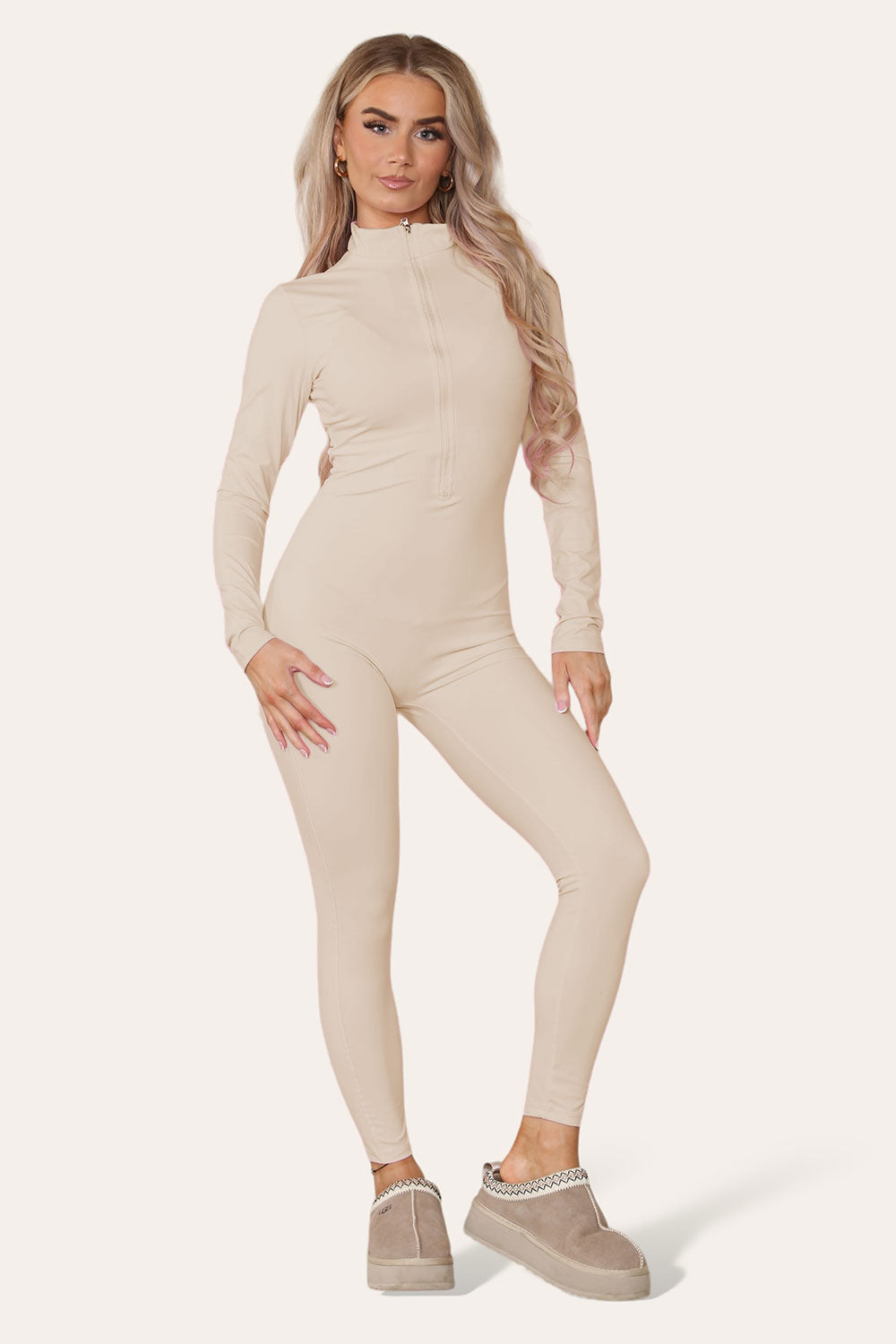 Ribbed High Neck Zipper Collar Jumpsuit Front Unitard Set - AX Labels