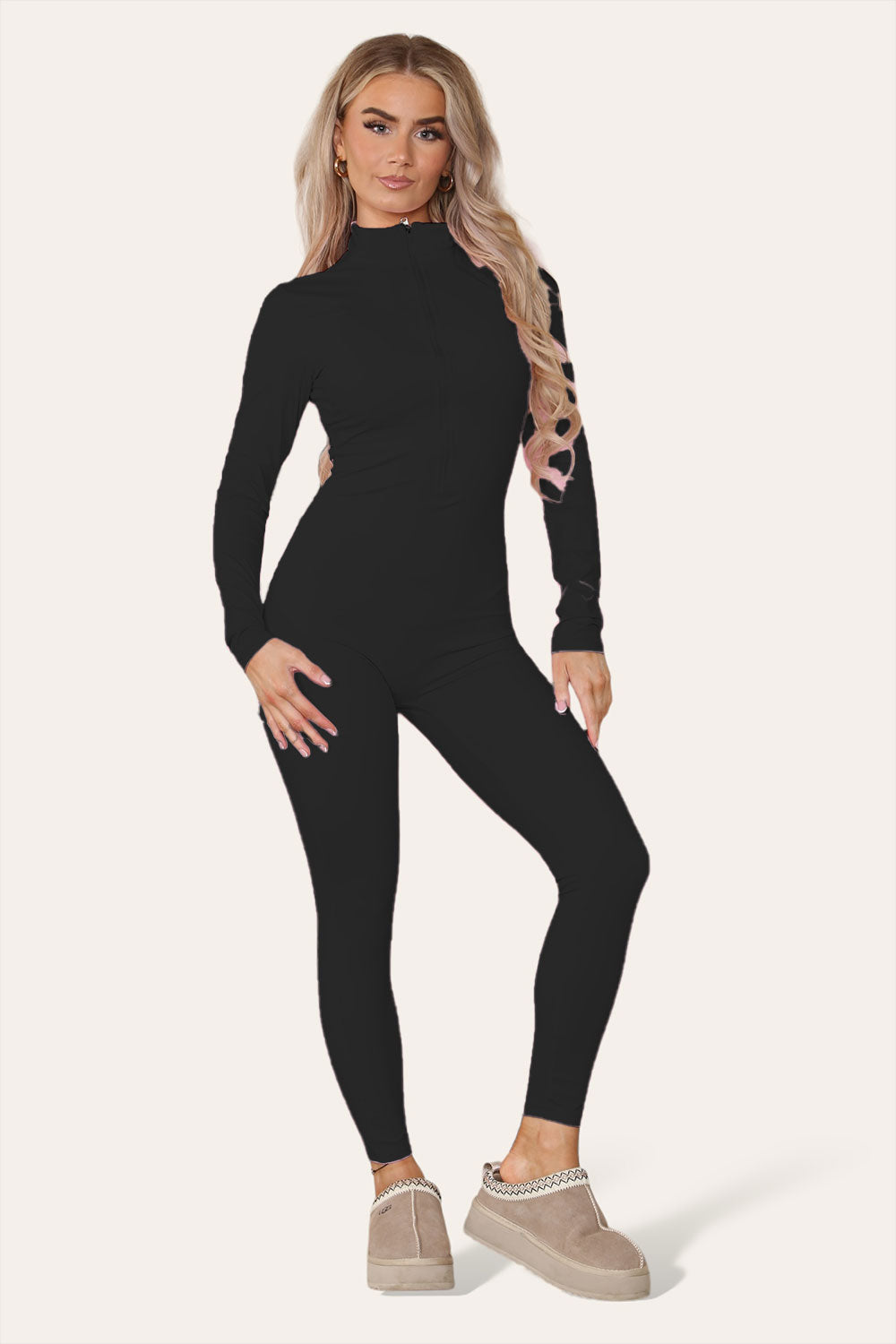 Ribbed High Neck Zipper Collar Jumpsuit Front Unitard Set - AX Labels