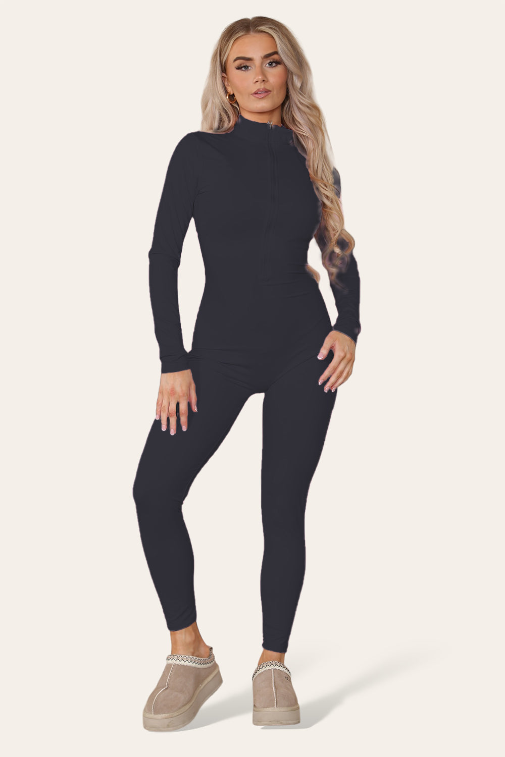 Ribbed High Neck Zipper Collar Jumpsuit Front Unitard Set - AX Labels