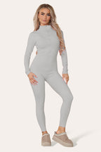 Ribbed High Neck Zipper Collar Jumpsuit Front Unitard Set - AX Labels