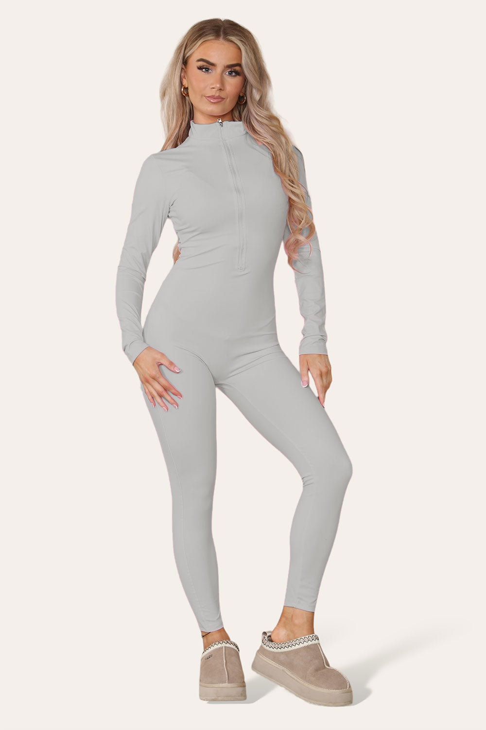 Ribbed High Neck Zipper Collar Jumpsuit Front Unitard Set - AX Labels