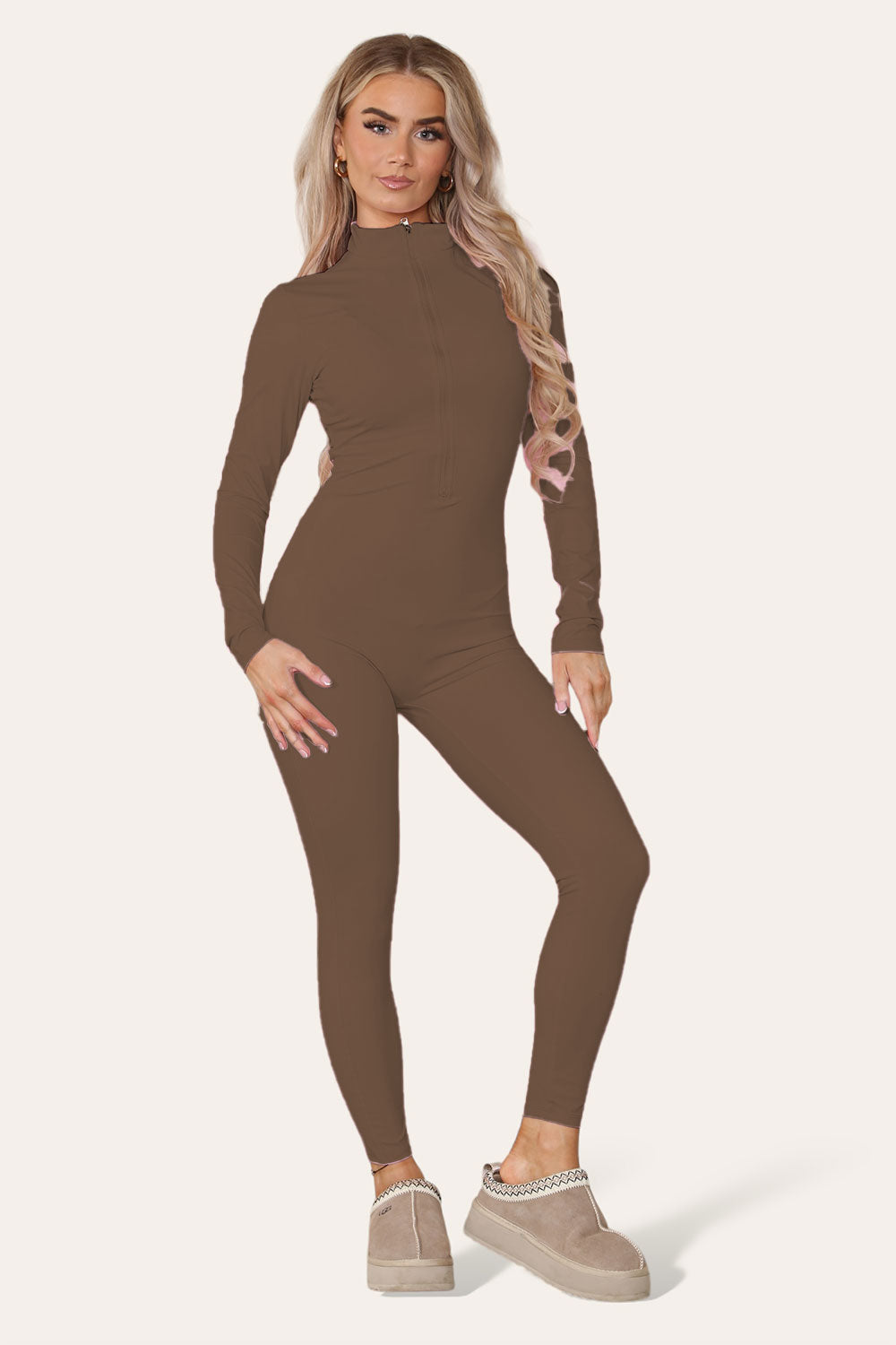 Ribbed High Neck Zipper Collar Jumpsuit Front Unitard Set - AX Labels