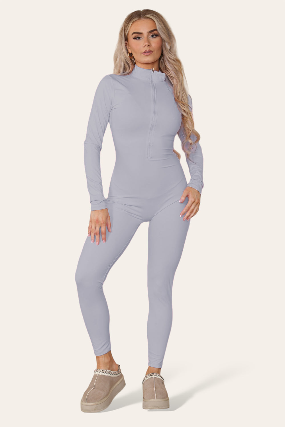 Ribbed High Neck Zipper Collar Jumpsuit Front Unitard Set - AX Labels