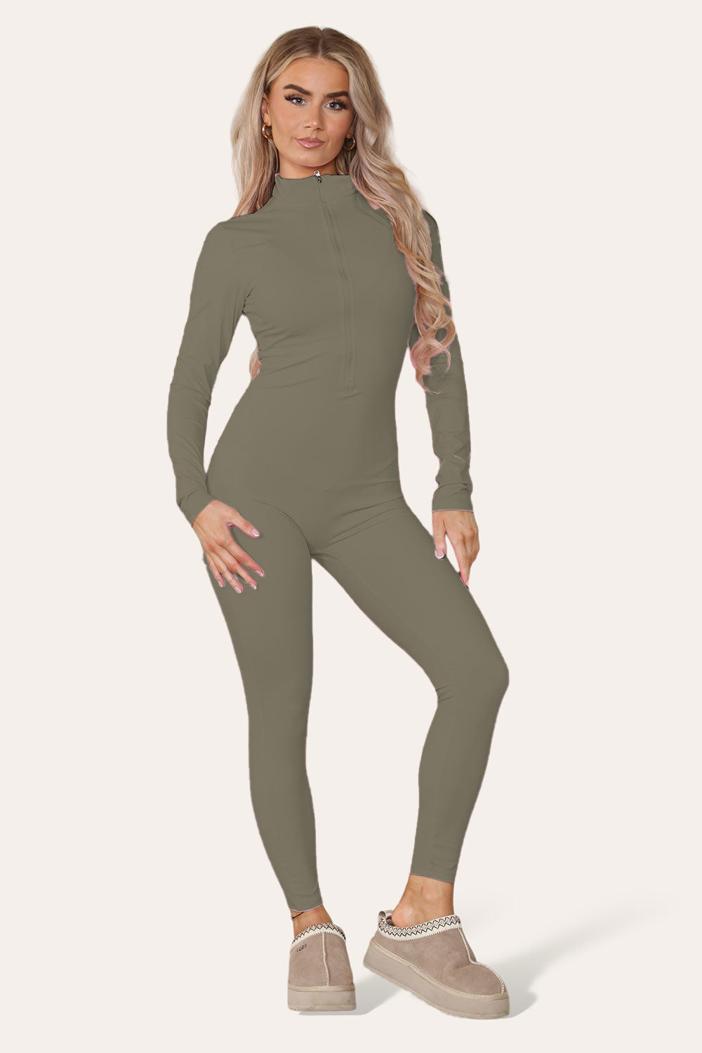 Ribbed High Neck Zipper Collar Jumpsuit Front Unitard Set - AX Labels