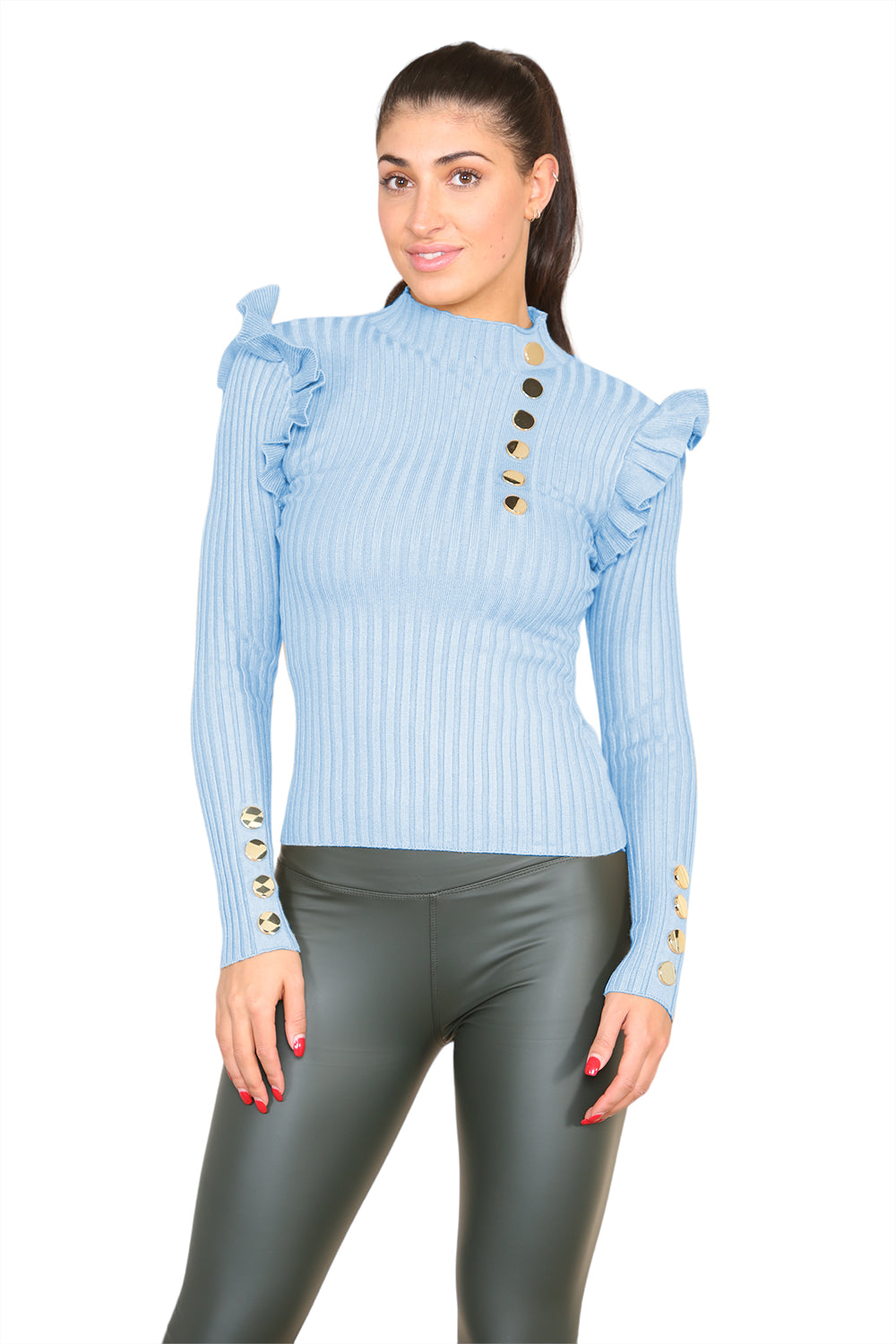 Ribbed Knit Gold Button Detail Jumper with Frill