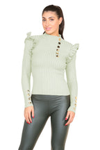 Ribbed Knit Gold Button Detail Jumper with Frill