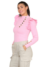 Ribbed Knit Gold Button Detail Jumper with Frill - AX Labels