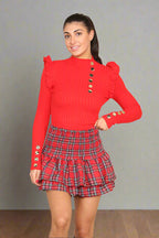 Ribbed Knit Gold Button Detail Jumper with Frill - AX Labels