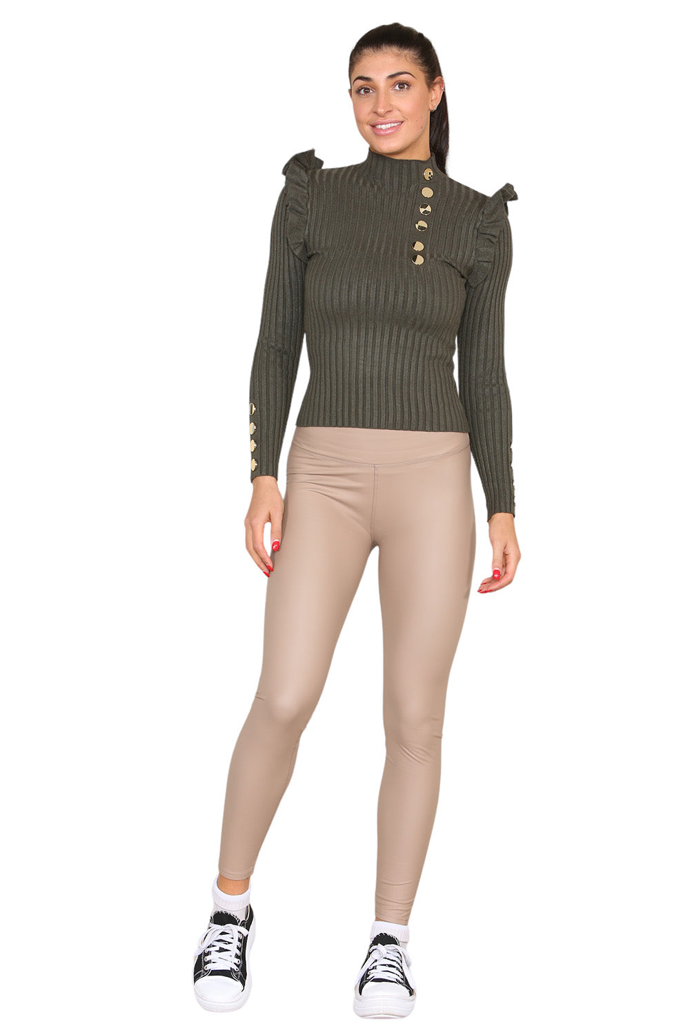 Ribbed Knit Gold Button Detail Jumper with Frill - AX Labels