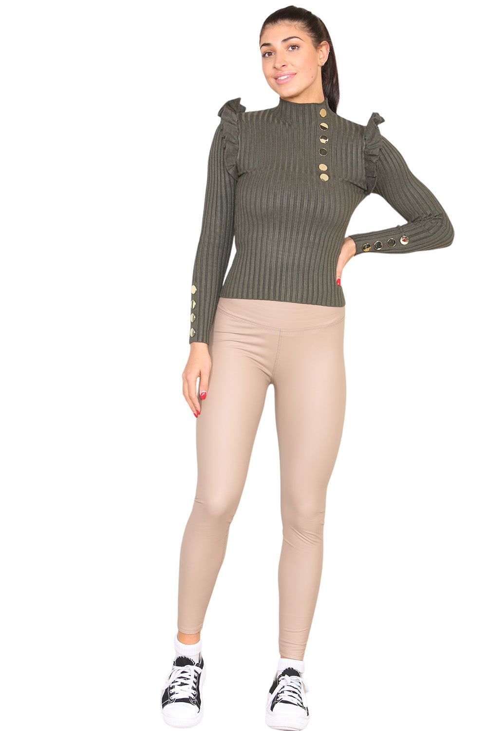 Ribbed Knit Gold Button Detail Jumper with Frill - AX Labels