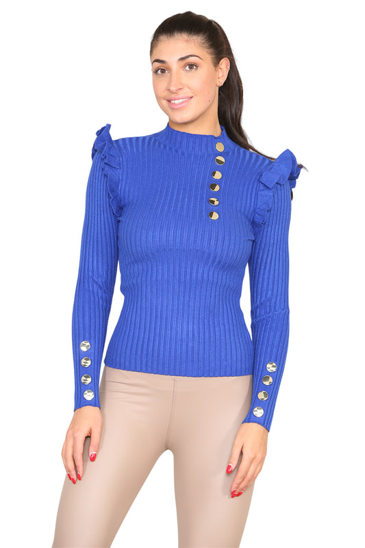 Ribbed Knit Gold Button Detail Jumper with Frill - AX Labels