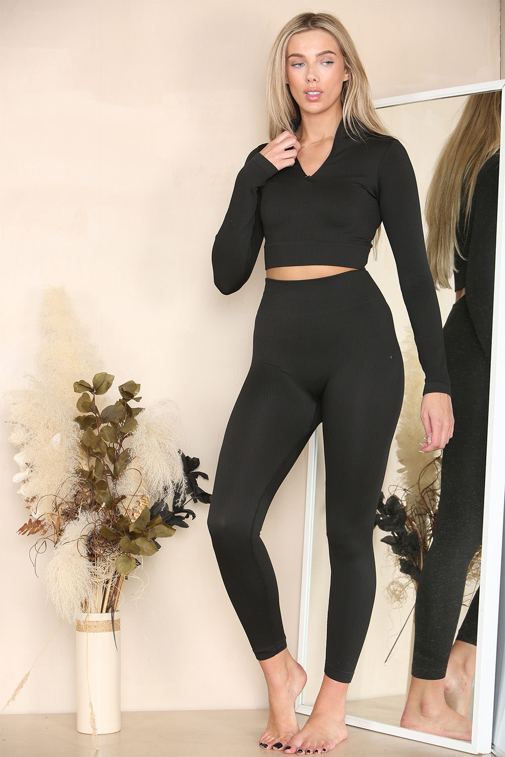 Ribbed Tracksuit Two Piece Set With Half Zip Detail Gym Loungewear - AX Labels