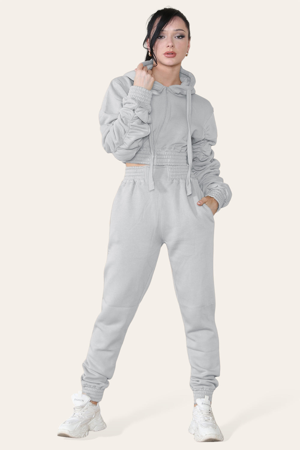Ruched Sleeves Cropped Hoodie and Cropped Jogger Cuffed Bottom Loungewear Tracksuit Set - AX Labels