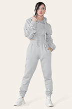 Ruched Sleeves Cropped Hoodie and Cropped Jogger Cuffed Bottom Loungewear Tracksuit Set - AX Labels