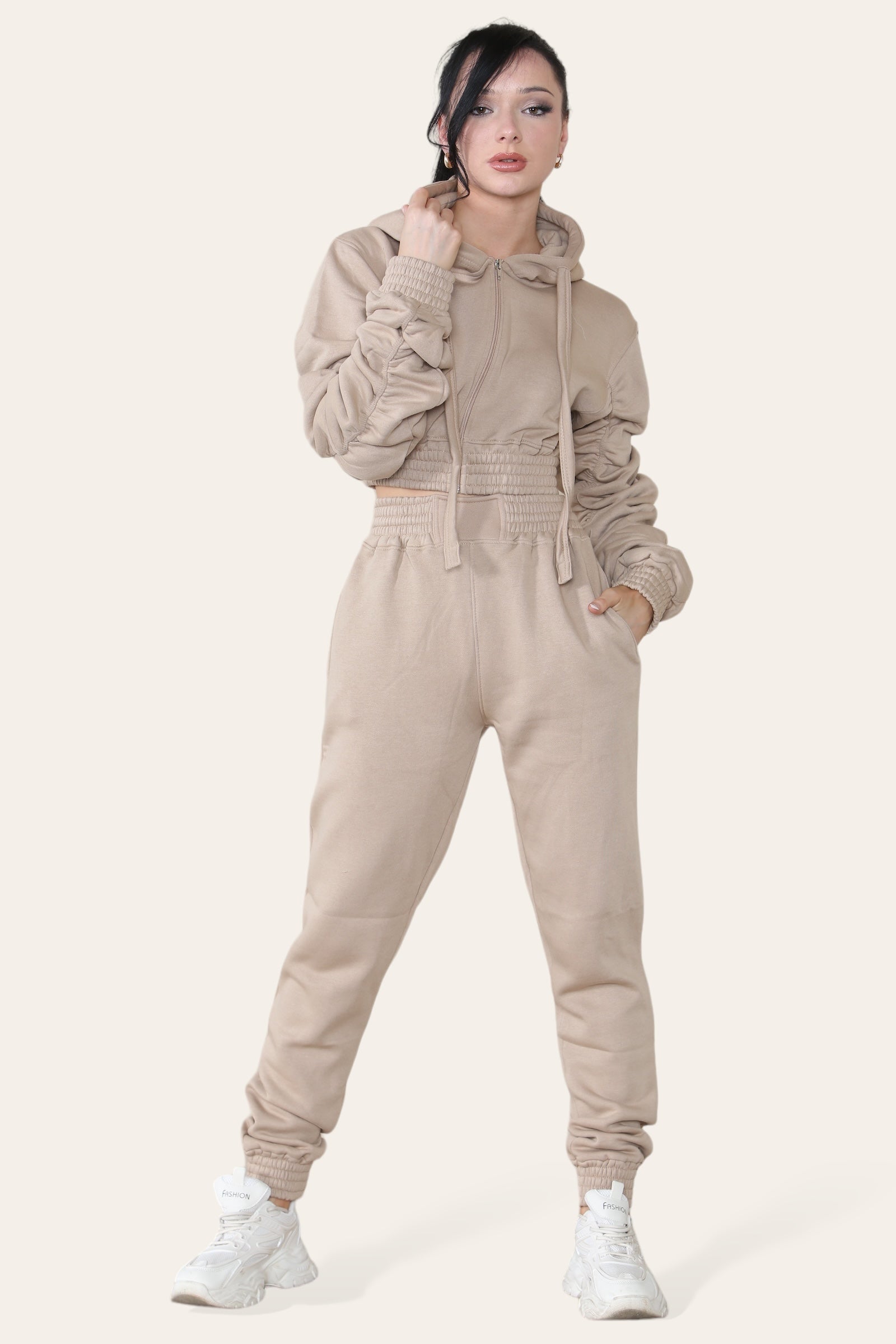Ruched Sleeves Cropped Hoodie and Cropped Jogger Cuffed Bottom Loungewear Tracksuit Set - AX Labels