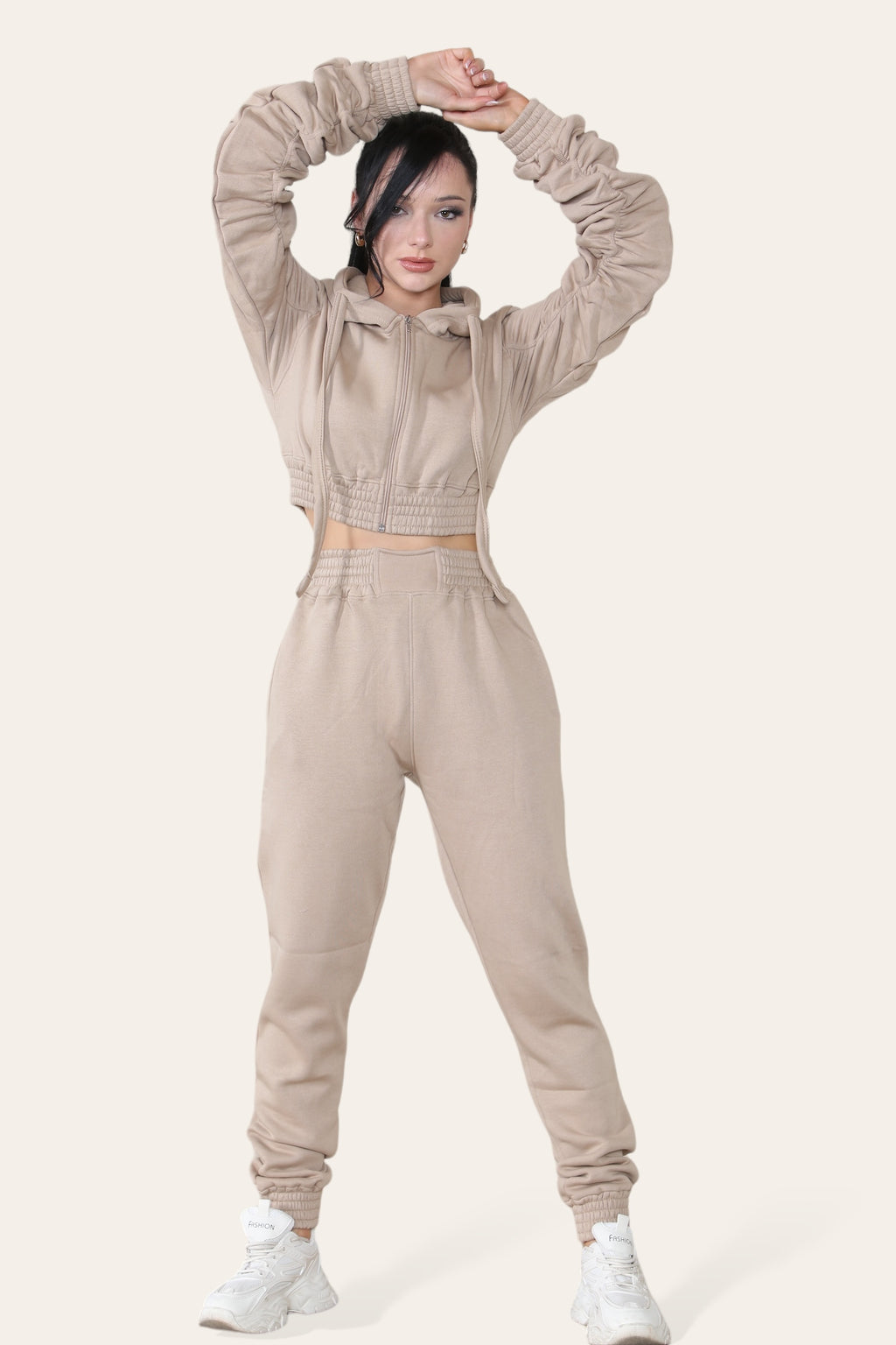 Ruched Sleeves Cropped Hoodie and Cropped Jogger Cuffed Bottom Loungewear Tracksuit Set - AX Labels