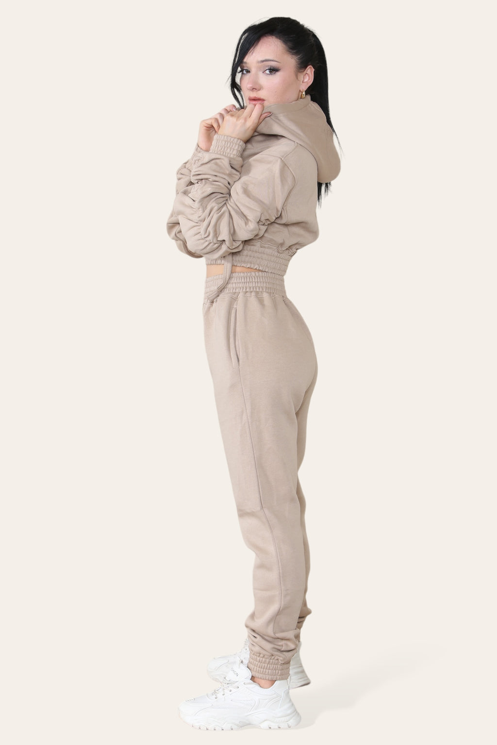 Ruched Sleeves Cropped Hoodie and Cropped Jogger Cuffed Bottom Loungewear Tracksuit Set - AX Labels