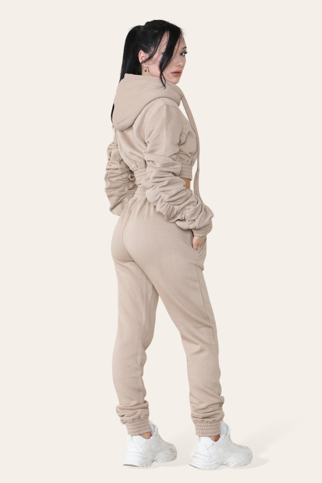Ruched Sleeves Cropped Hoodie and Cropped Jogger Cuffed Bottom Loungewear Tracksuit Set - AX Labels