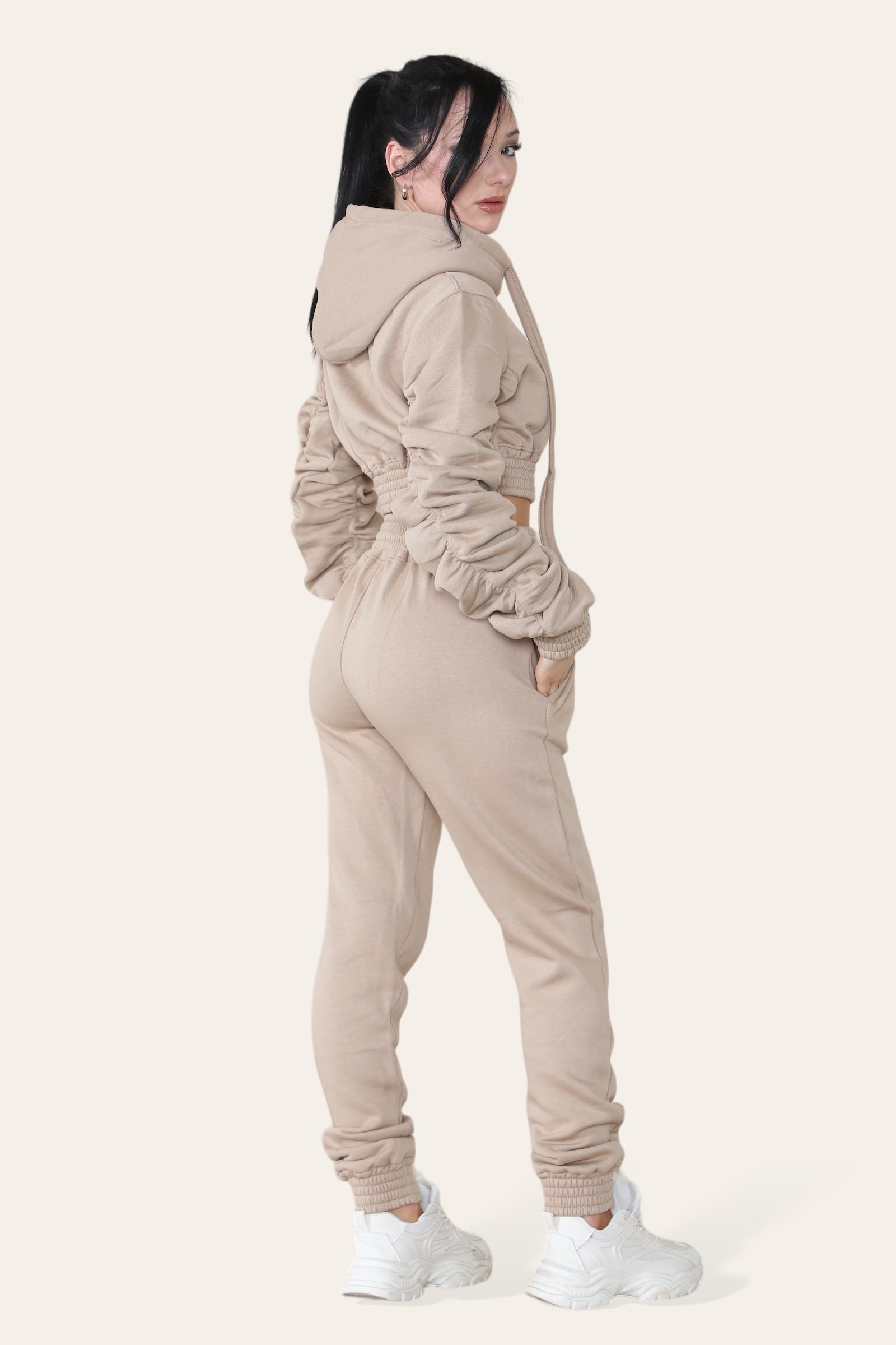 Ruched Sleeves Cropped Hoodie and Cropped Jogger Cuffed Bottom Loungewear Tracksuit Set - AX Labels