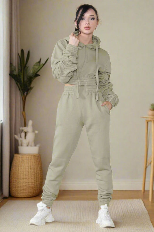 Ruched Sleeves Cropped Hoodie and Cropped Jogger Cuffed Bottom Loungewear Tracksuit Set - AX Labels