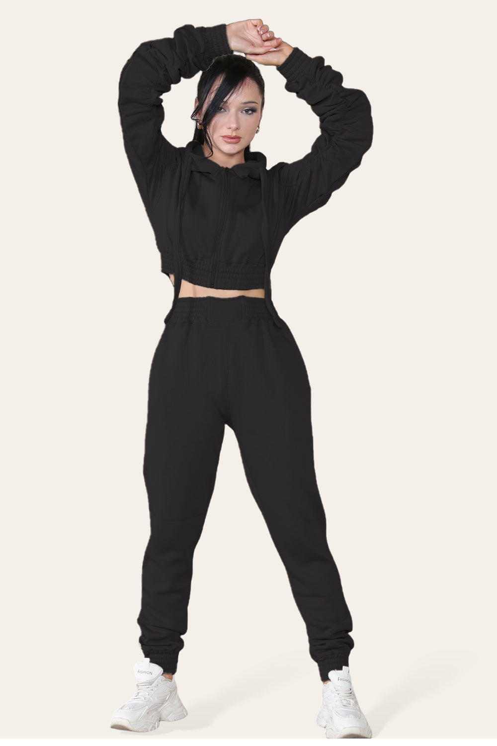 Ruched Sleeves Cropped Hoodie and Cropped Jogger Cuffed Bottom Loungewear Tracksuit Set - AX Labels