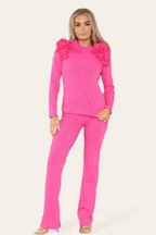 Ruffle Frill Shoulder Ribbed Loungewear Co-Ord Top & Trouser Set - AX Labels