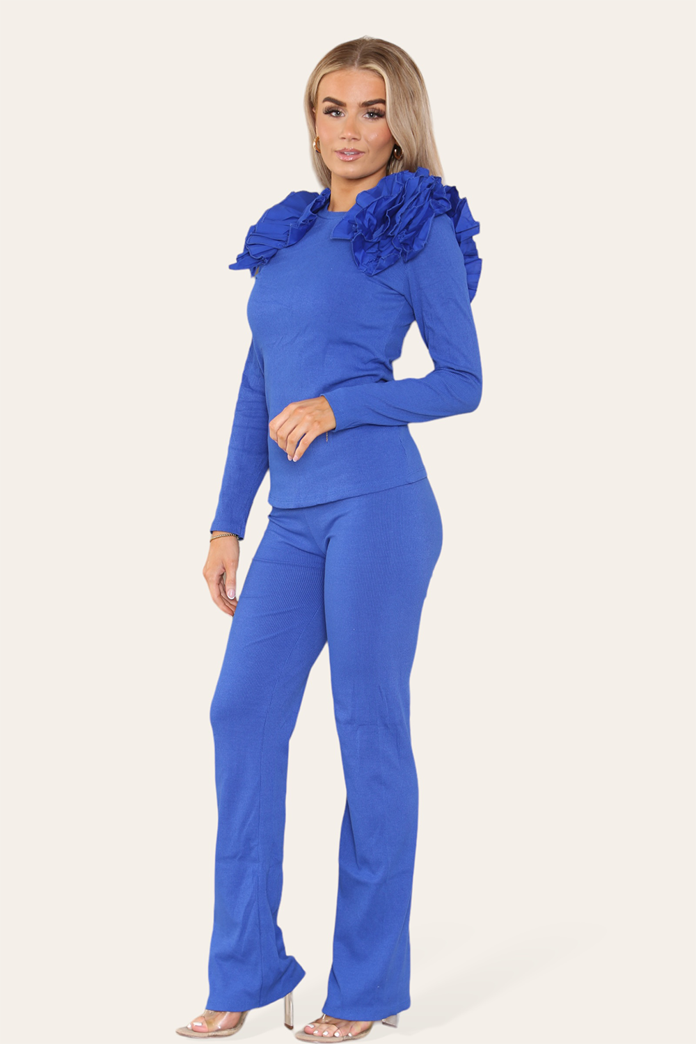 Ruffle Frill Shoulder Ribbed Loungewear Co-Ord Top & Trouser Set - AX Labels