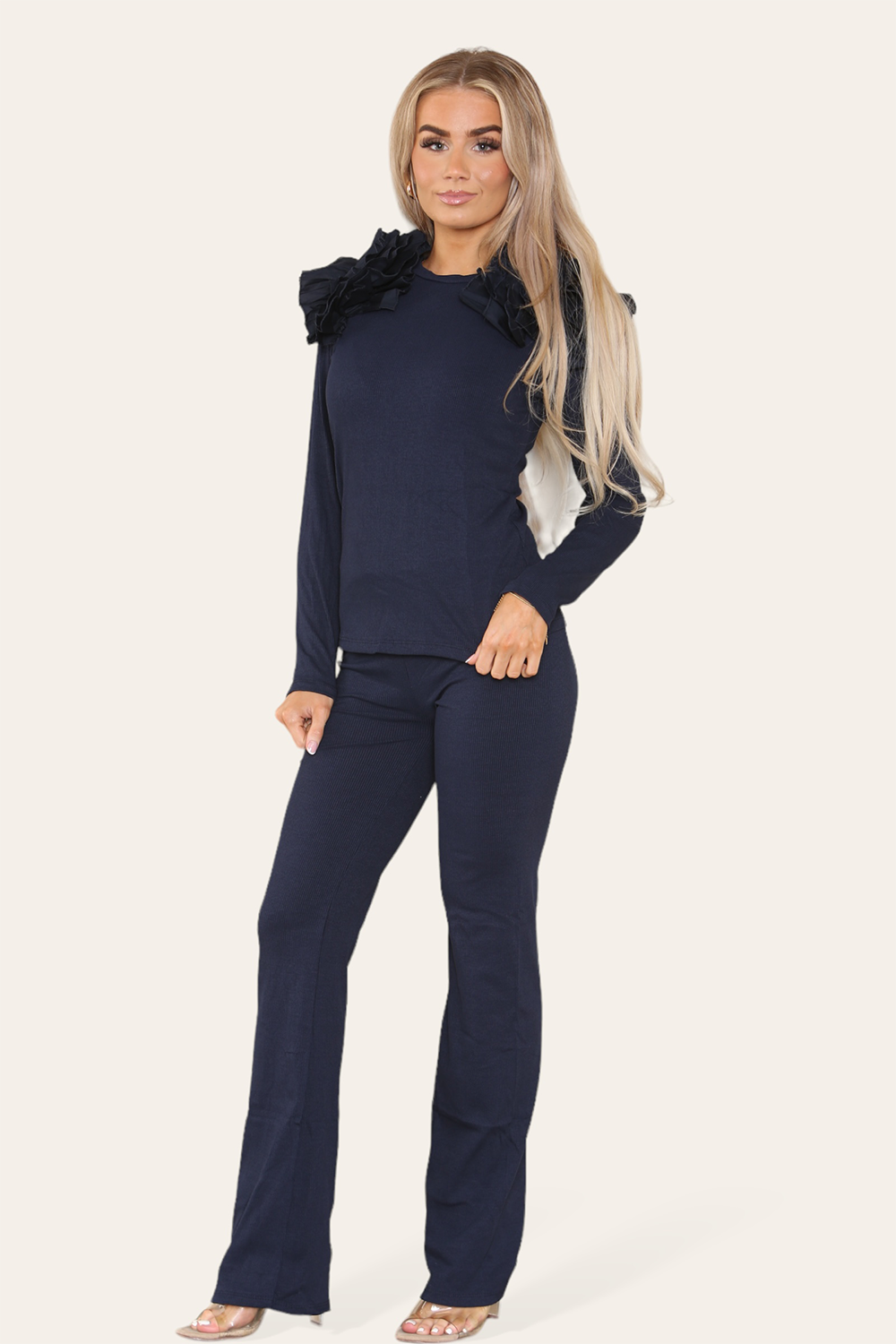 Ruffle Frill Shoulder Ribbed Loungewear Co-Ord Top & Trouser Set - AX Labels