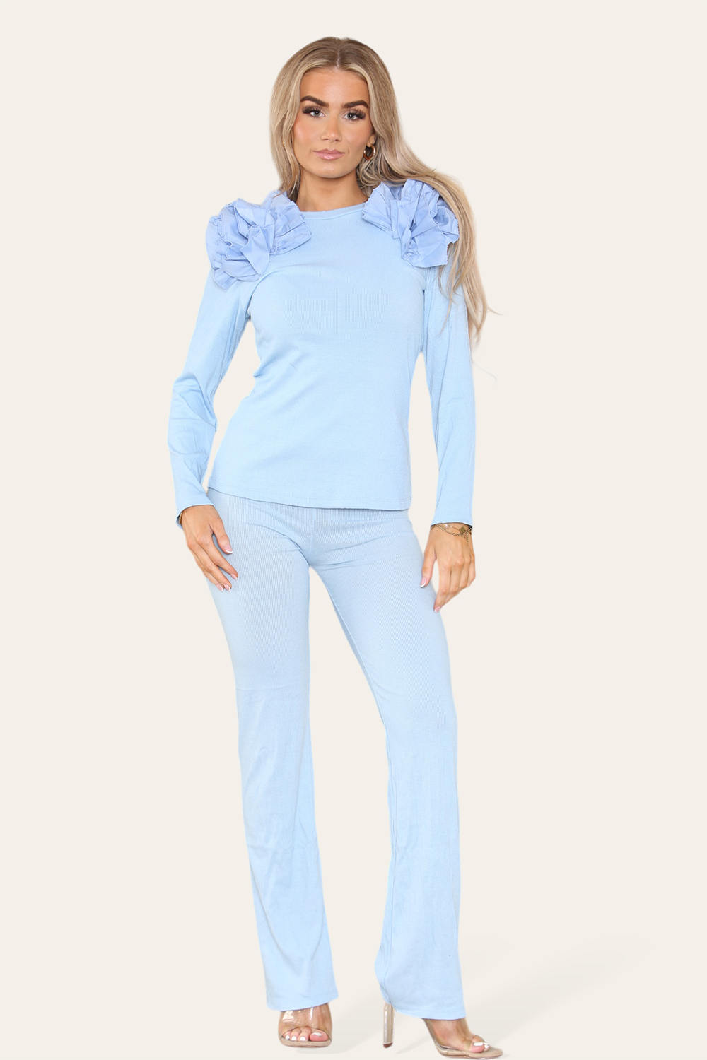 Ruffle Frill Shoulder Ribbed Loungewear Co-Ord Top & Trouser Set - AX Labels