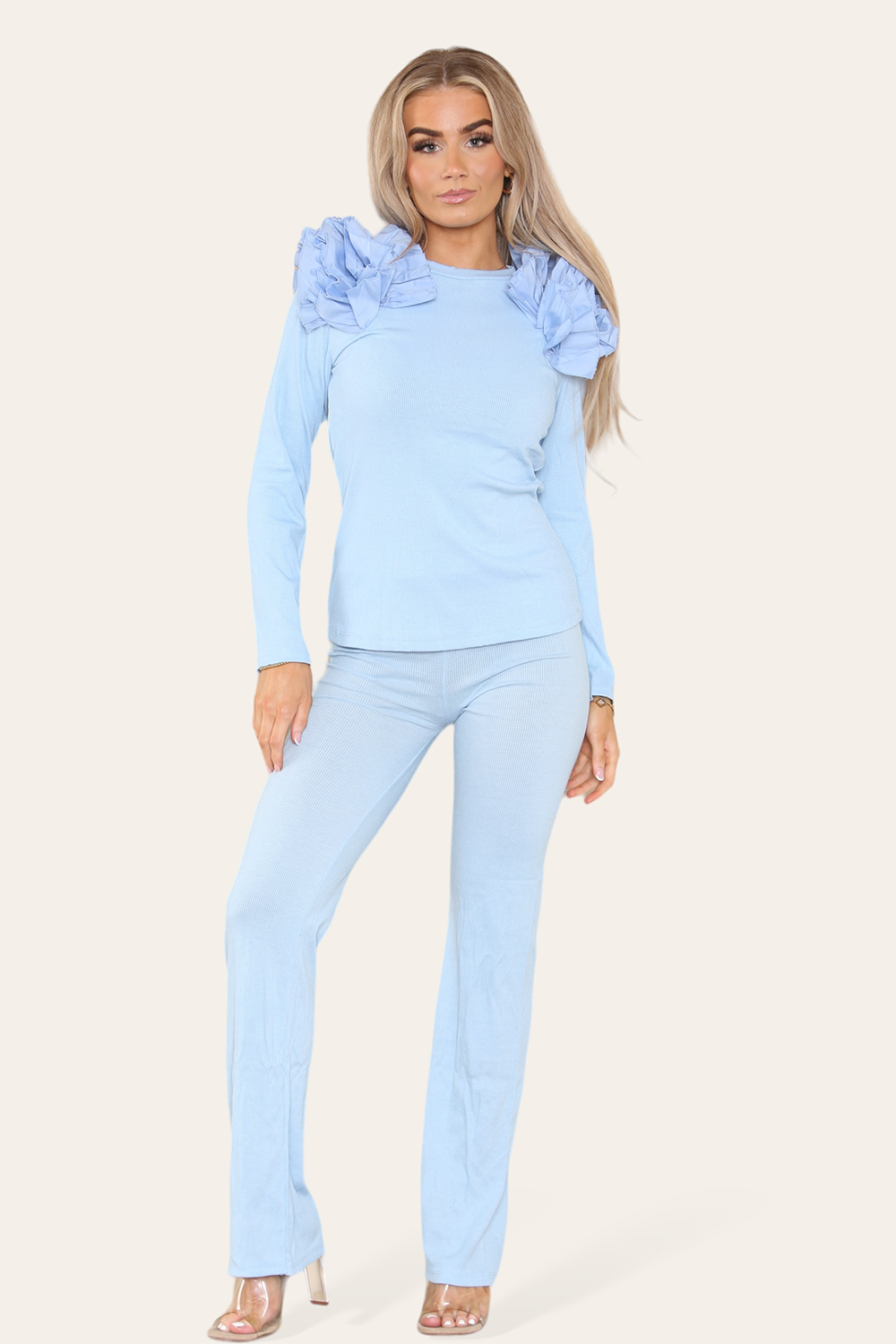 Ruffle Frill Shoulder Ribbed Loungewear Co-Ord Top & Trouser Set - AX Labels